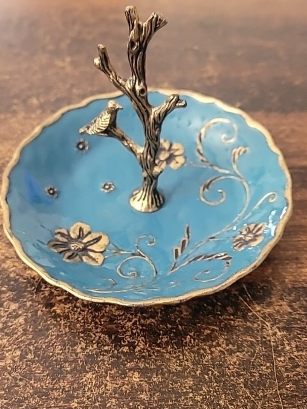 Cynthia Rowley Ring Holder Jewelry Trinket Dish Teal Blue Enamel Bird In Tree